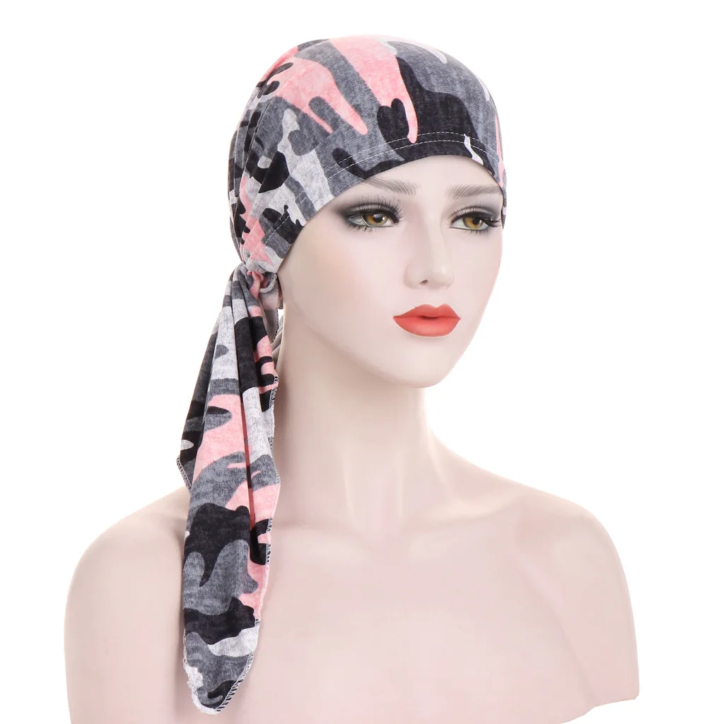 Pre Tied Chemo Cancer Headscarf Floral Print Turban Hijab Hat Soft Elastic Head Coverings Head Wraps for Women Sleep Caps