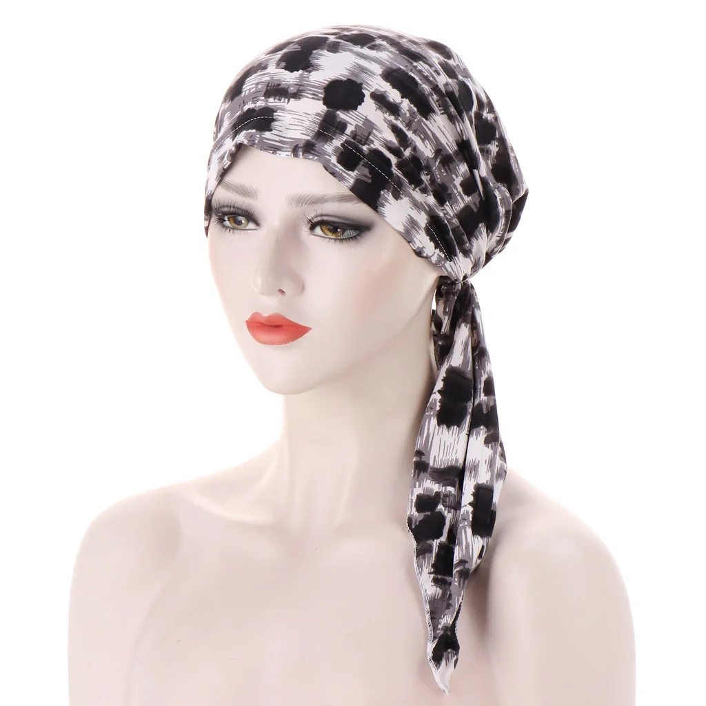 Pre Tied Chemo Cancer Headscarf Floral Print Turban Hijab Hat Soft Elastic Head Coverings Head Wraps for Women Sleep Caps