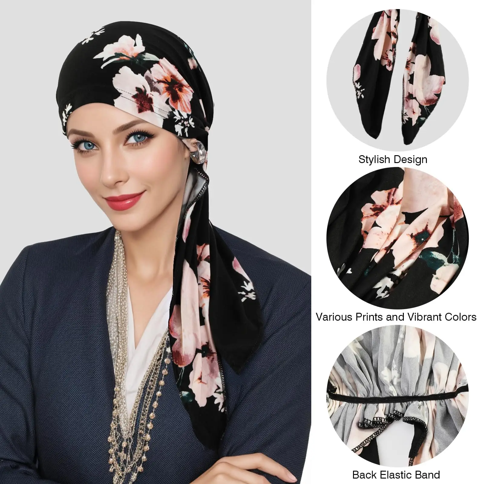 Pre Tied Chemo Cancer Headscarf Floral Print Turban Hijab Hat Soft Elastic Head Coverings Head Wraps for Women Sleep Caps