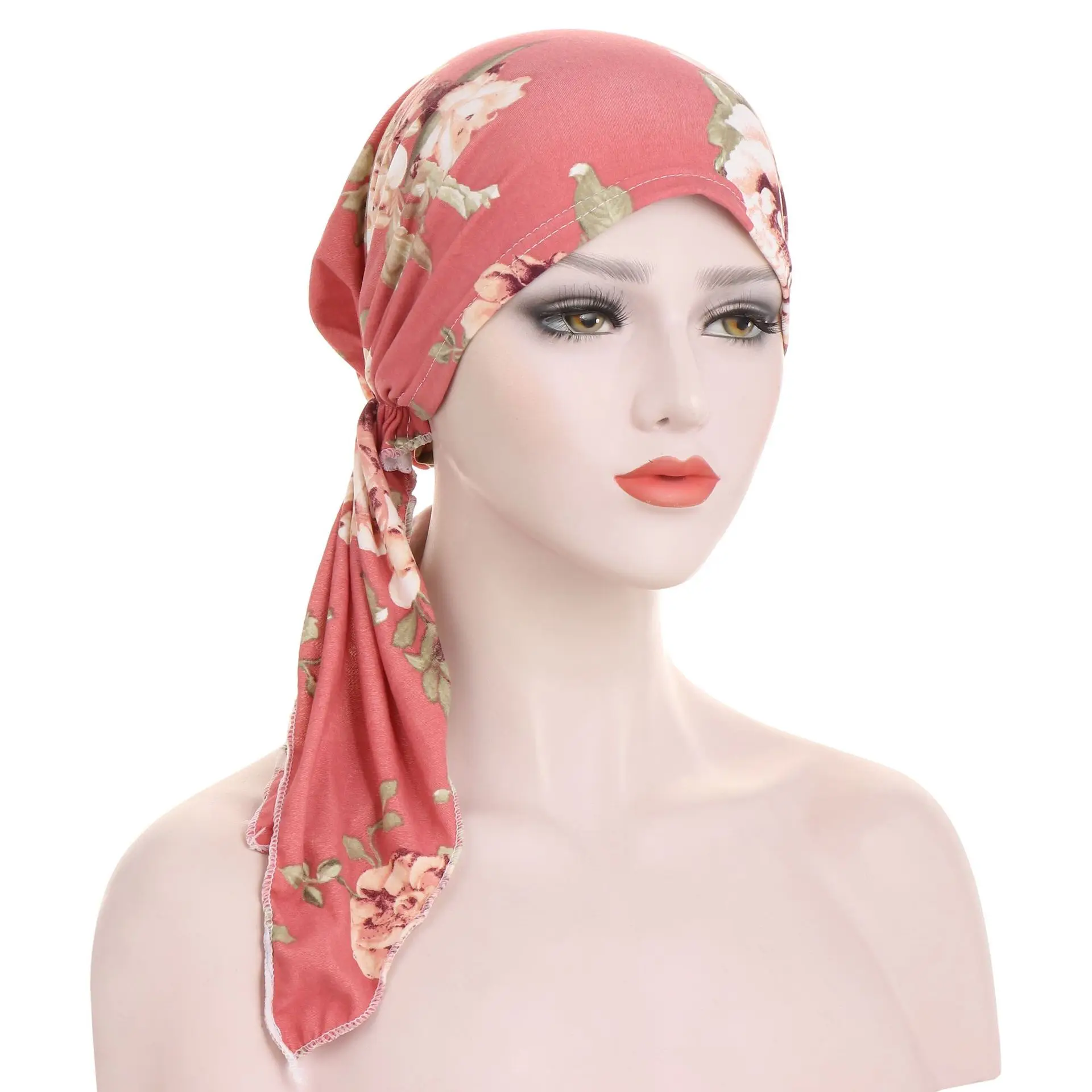 Pre Tied Chemo Cancer Headscarf Floral Print Turban Hijab Hat Soft Elastic Head Coverings Head Wraps for Women Sleep Caps