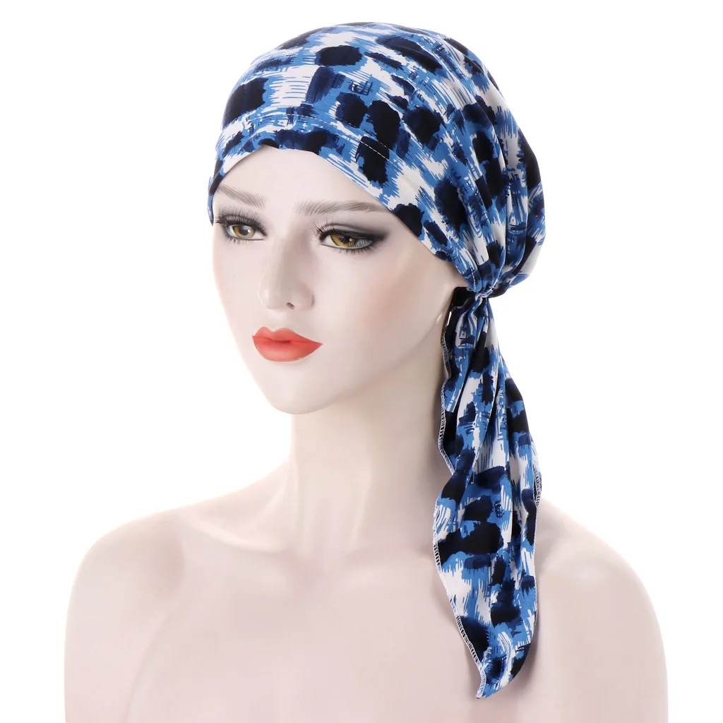 Pre Tied Chemo Cancer Headscarf Floral Print Turban Hijab Hat Soft Elastic Head Coverings Head Wraps for Women Sleep Caps