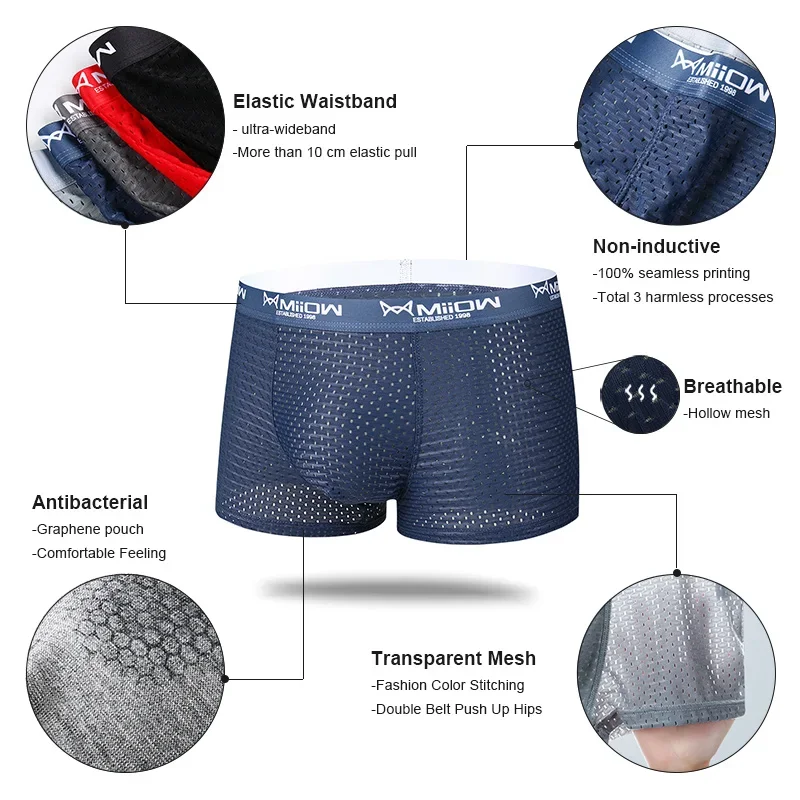 MiiOW Sexy Mesh Men Boxers Underwear Breathable Ice Silk Men's Panties Lingerie Underpants Boxershorts Plus Size L-4XL Trunks