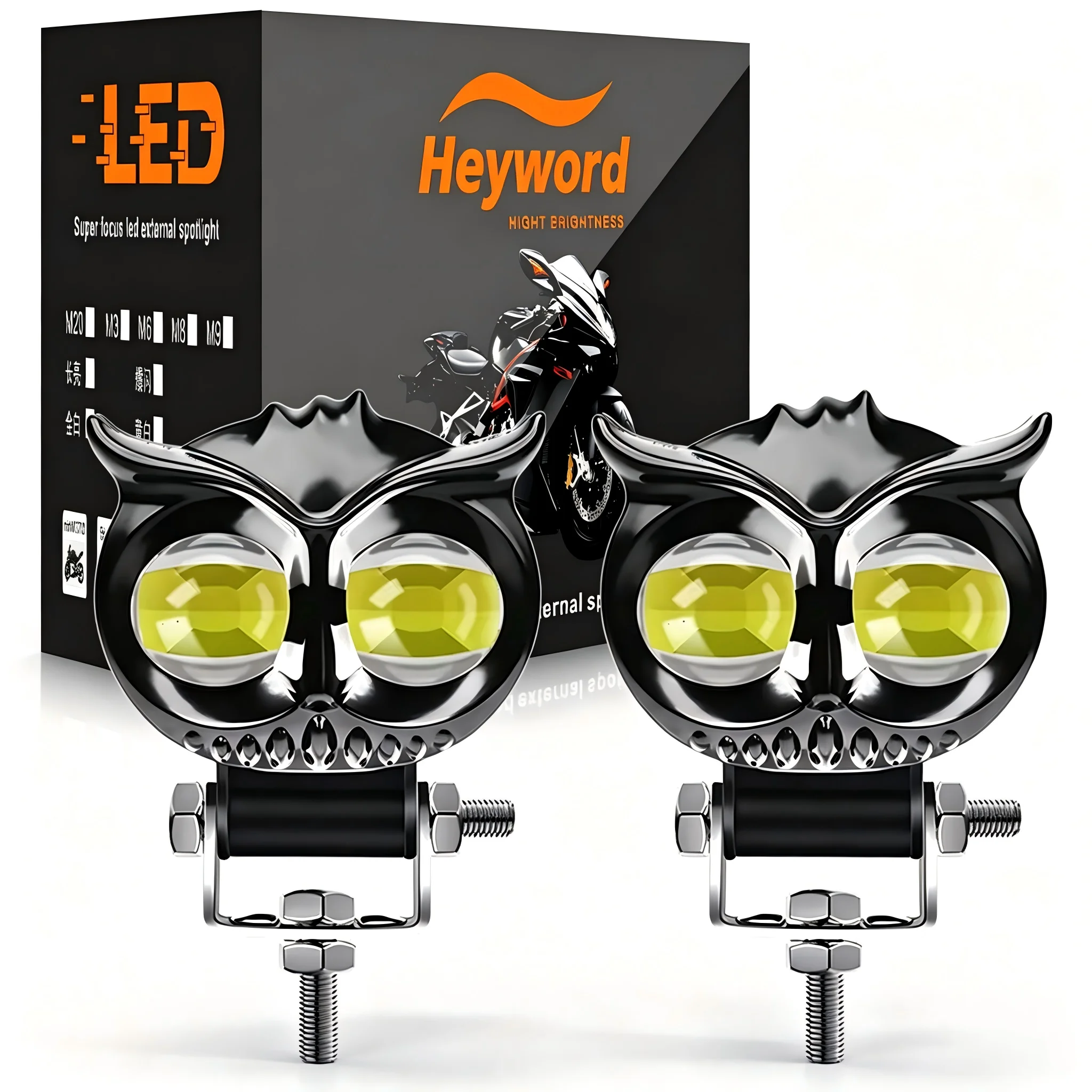 Heyword 1PC Dual Color Motorcycle Headlight Owl Design 4 Modes Auxiliary Spotlights Motorbike Scooter Fog Lamp Running Lights