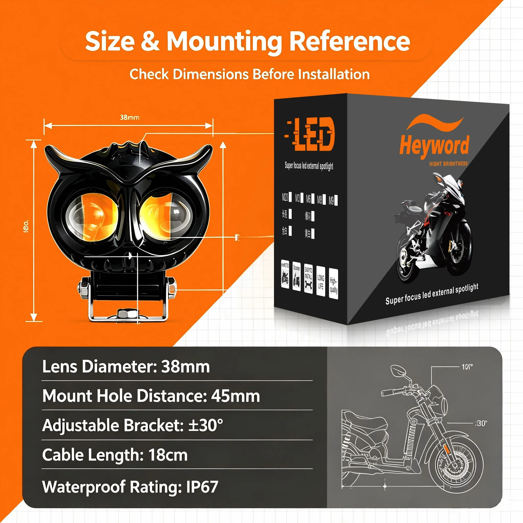 Heyword 1PC Dual Color Motorcycle Headlight Owl Design 4 Modes Auxiliary Spotlights Motorbike Scooter Fog Lamp Running Lights