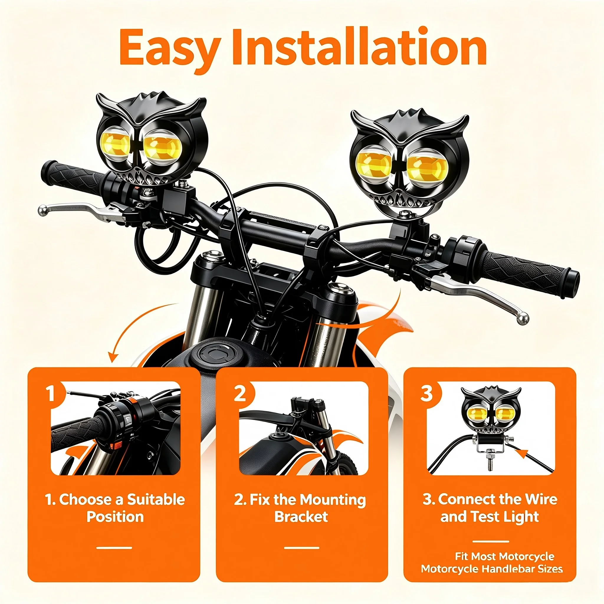 Heyword 1PC Dual Color Motorcycle Headlight Owl Design 4 Modes Auxiliary Spotlights Motorbike Scooter Fog Lamp Running Lights