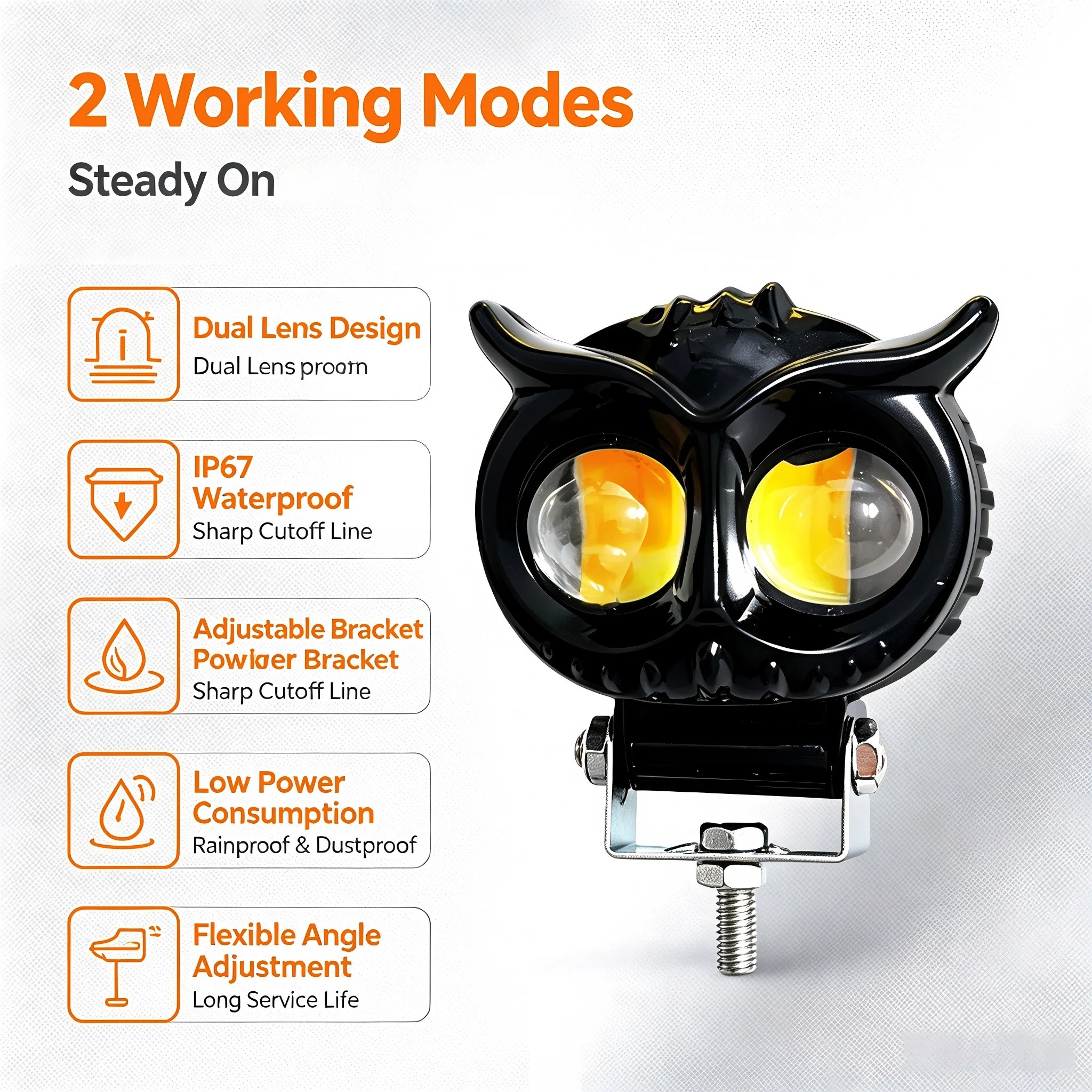 Heyword 1PC Dual Color Motorcycle Headlight Owl Design 4 Modes Auxiliary Spotlights Motorbike Scooter Fog Lamp Running Lights