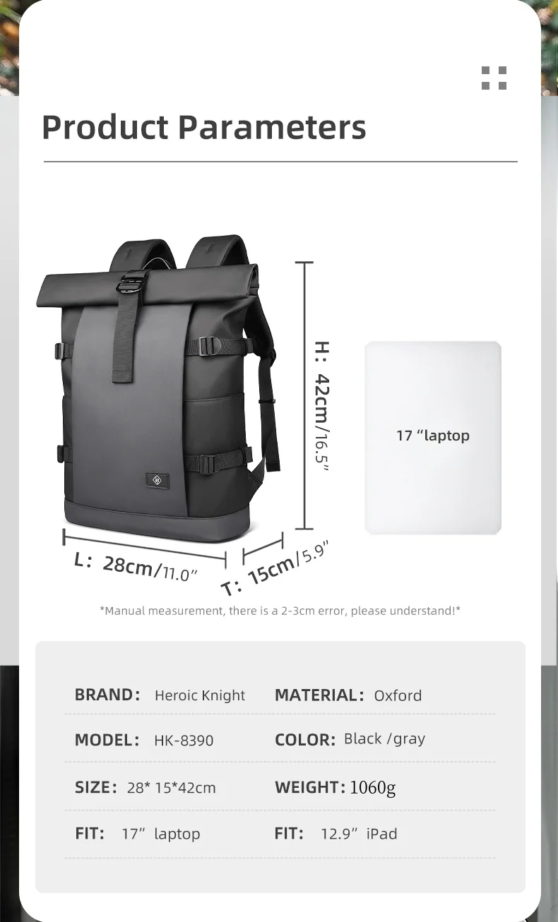 HK Waterproof Roll-Top Backpack for Men Large Capacity Expandable 17 Inch Laptop Bag Leisure Travel Backpack Hiking Camping Bags