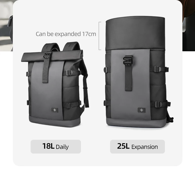 HK Waterproof Roll-Top Backpack for Men Large Capacity Expandable 17 Inch Laptop Bag Leisure Travel Backpack Hiking Camping Bags