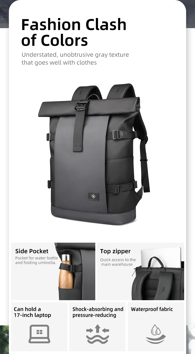HK Waterproof Roll-Top Backpack for Men Large Capacity Expandable 17 Inch Laptop Bag Leisure Travel Backpack Hiking Camping Bags