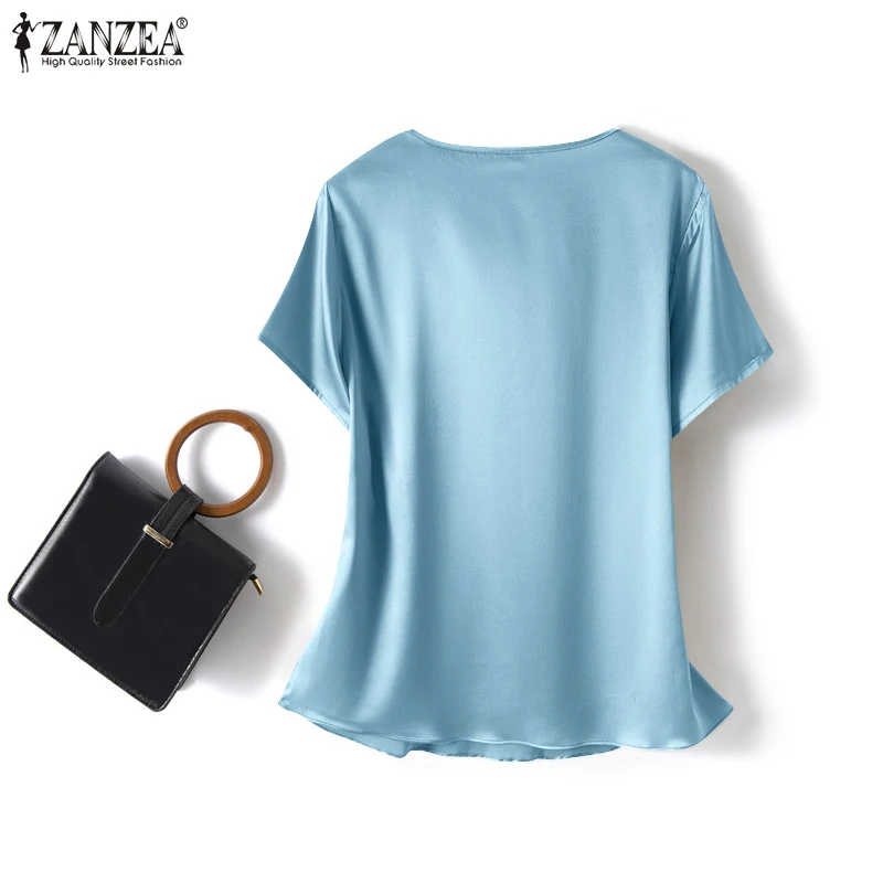 Women Summer Blouses ZANZEA 2024 Fashion Satin Tops Short Sleeve Blusas Female O Neck Casual Home Wear Tunic Chemise Oversized