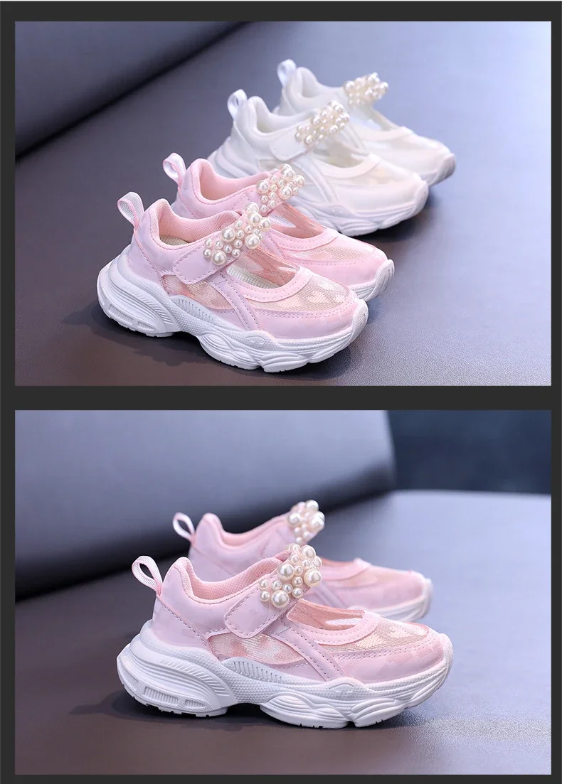Girls Tennis Shoes Mesh Hollowed 2024 Summer New Children Solid Color Pearl Sports Shoes Kids Princess Sneakers Cute Heart
