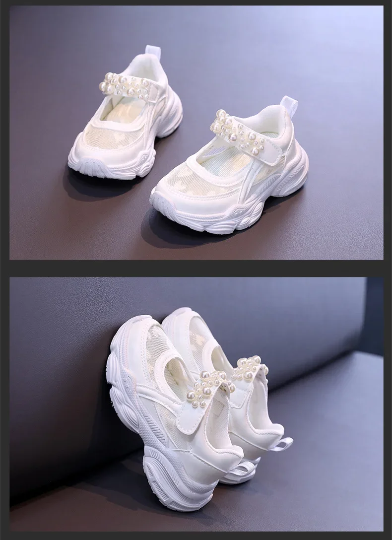 Girls Tennis Shoes Mesh Hollowed 2024 Summer New Children Solid Color Pearl Sports Shoes Kids Princess Sneakers Cute Heart