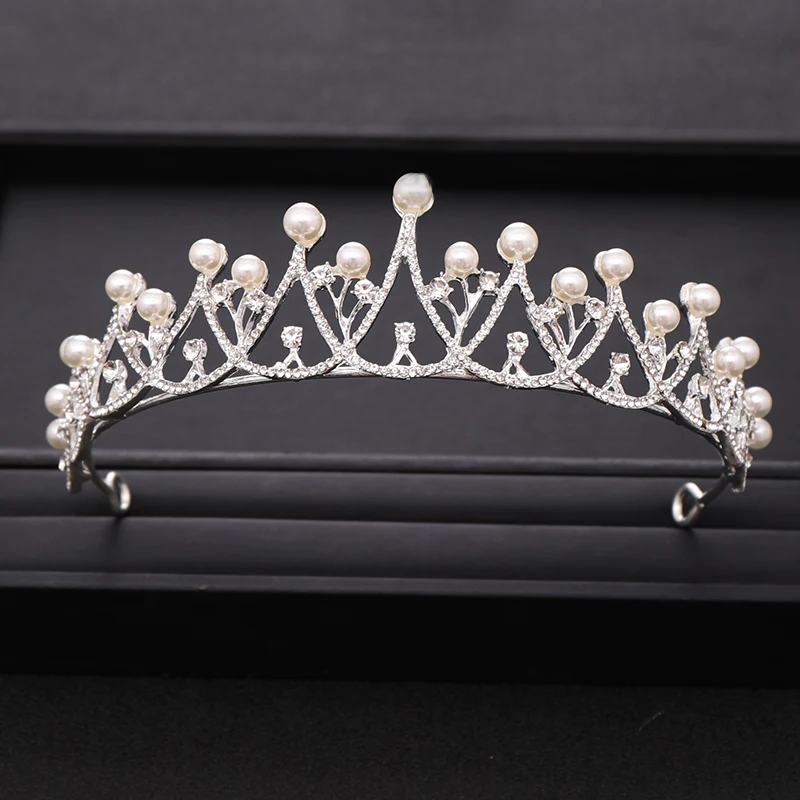 Trendy Silver Color Crystal Pearl Tiara Princess Headpiece Crown Party Birthday Gift Bridal Headdress Wedding Hair Accessories