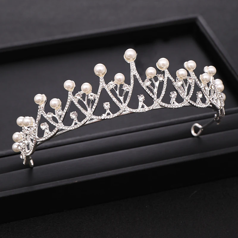 Trendy Silver Color Crystal Pearl Tiara Princess Headpiece Crown Party Birthday Gift Bridal Headdress Wedding Hair Accessories
