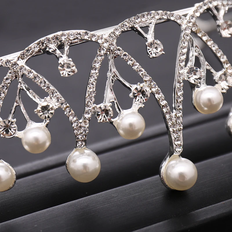 Trendy Silver Color Crystal Pearl Tiara Princess Headpiece Crown Party Birthday Gift Bridal Headdress Wedding Hair Accessories