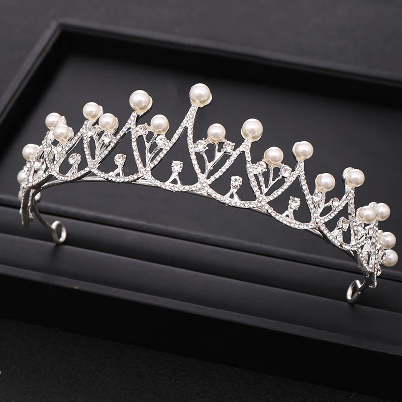 Trendy Silver Color Crystal Pearl Tiara Princess Headpiece Crown Party Birthday Gift Bridal Headdress Wedding Hair Accessories