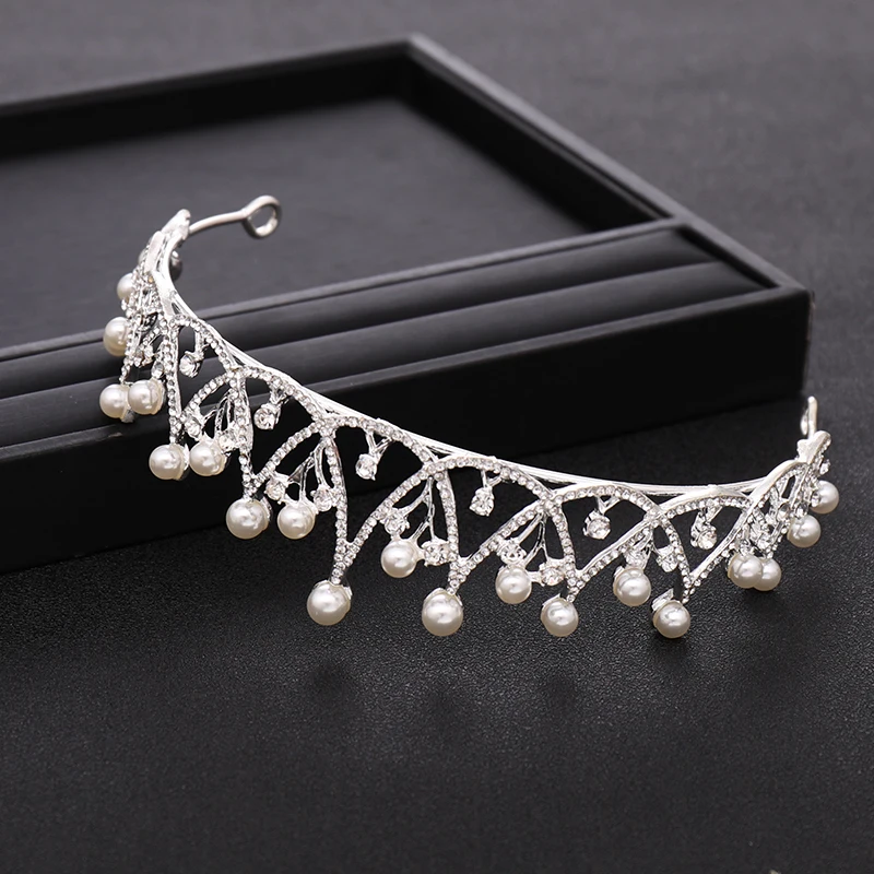 Trendy Silver Color Crystal Pearl Tiara Princess Headpiece Crown Party Birthday Gift Bridal Headdress Wedding Hair Accessories