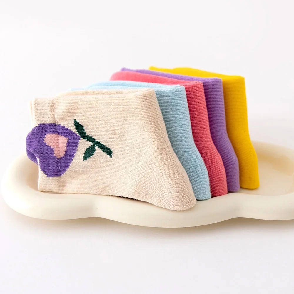 5 Pairs Girls Socks Cute Cartoon Flower Pattern Comfortable Breathable Kids Socks