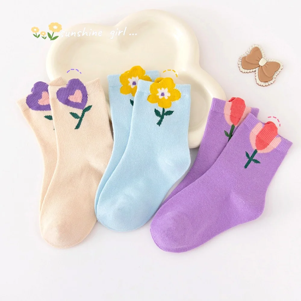 5 Pairs Girls Socks Cute Cartoon Flower Pattern Comfortable Breathable Kids Socks