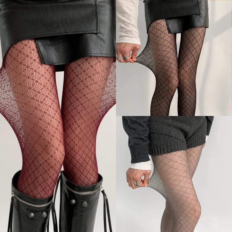 Korean Ladies Rhombus Plaid Pantyhose Retro Women Sexy Hottie Nylon Mesh Tights Gothic Lolita Fishnet Body Stockings Ins Style