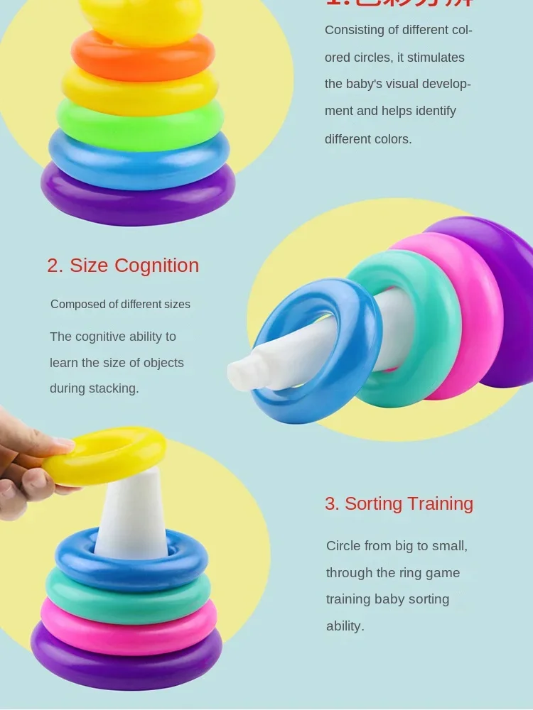 Rainbow Stacking Ring Tower Montessori Educational Baby Toy Pyramid Tower Cup Dinosaur Stacking Toys Beach Pool Toy