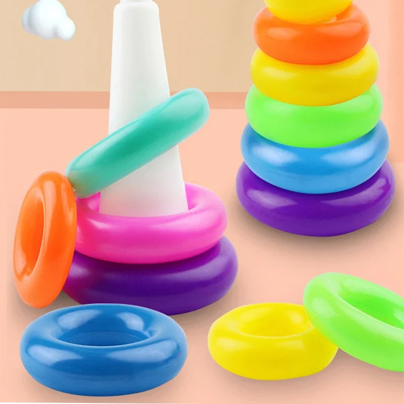 Rainbow Stacking Ring Tower Montessori Educational Baby Toy Pyramid Tower Cup Dinosaur Stacking Toys Beach Pool Toy