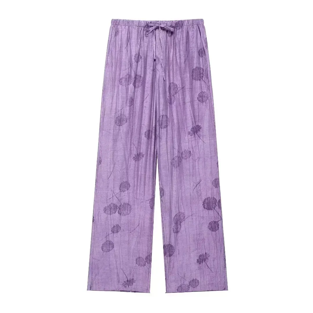 Woman Jacquard Trouser Set V Neck Long Sleeves Shirt Top + Casual Lace Up Elastic Waist Streetwear Women's Wide Leg Pant