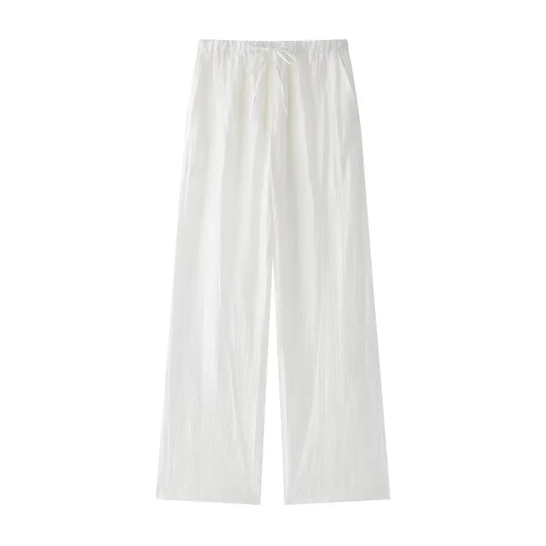 Woman Jacquard Trouser Set V Neck Long Sleeves Shirt Top + Casual Lace Up Elastic Waist Streetwear Women's Wide Leg Pant