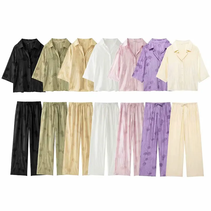 Woman Jacquard Trouser Set V Neck Long Sleeves Shirt Top + Casual Lace Up Elastic Waist Streetwear Women's Wide Leg Pant