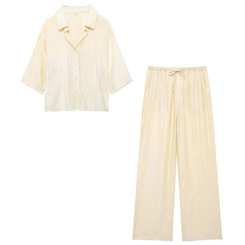 Woman Jacquard Trouser Set V Neck Long Sleeves Shirt Top + Casual Lace Up Elastic Waist Streetwear Women's Wide Leg Pant
