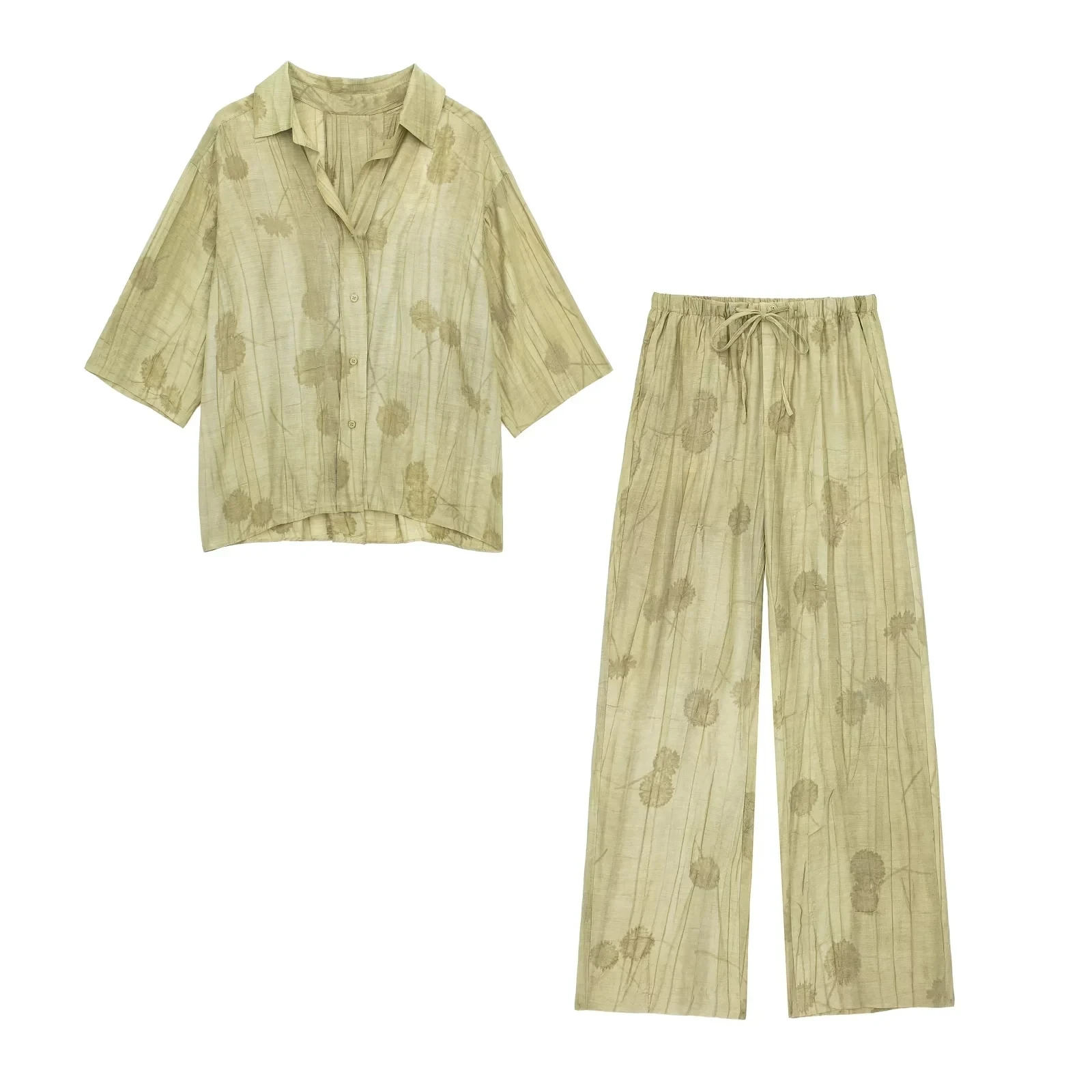 Woman Jacquard Trouser Set V Neck Long Sleeves Shirt Top + Casual Lace Up Elastic Waist Streetwear Women's Wide Leg Pant