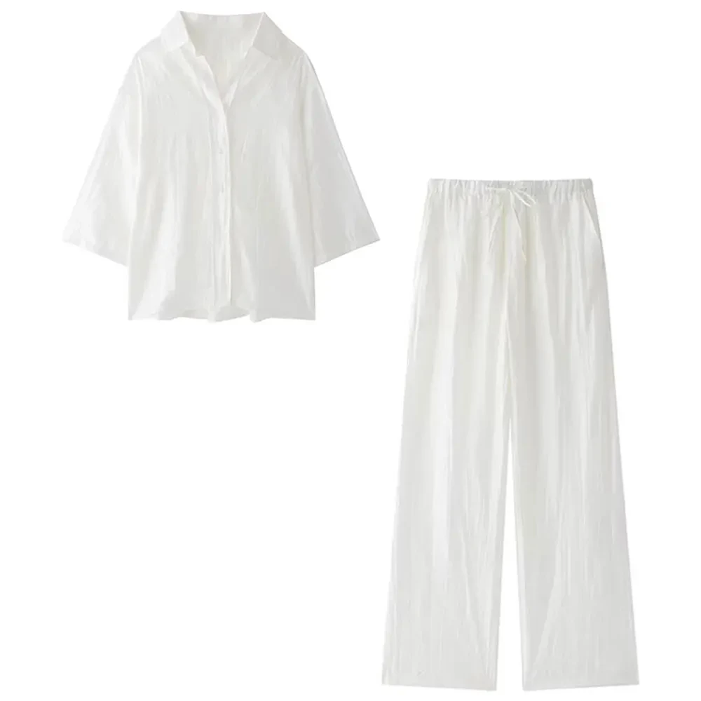Woman Jacquard Trouser Set V Neck Long Sleeves Shirt Top + Casual Lace Up Elastic Waist Streetwear Women's Wide Leg Pant