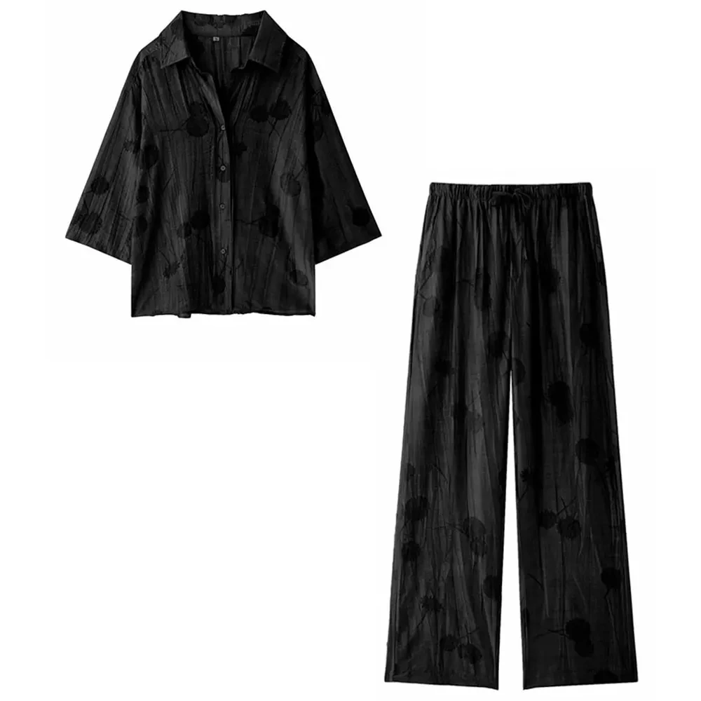 Woman Jacquard Trouser Set V Neck Long Sleeves Shirt Top + Casual Lace Up Elastic Waist Streetwear Women's Wide Leg Pant