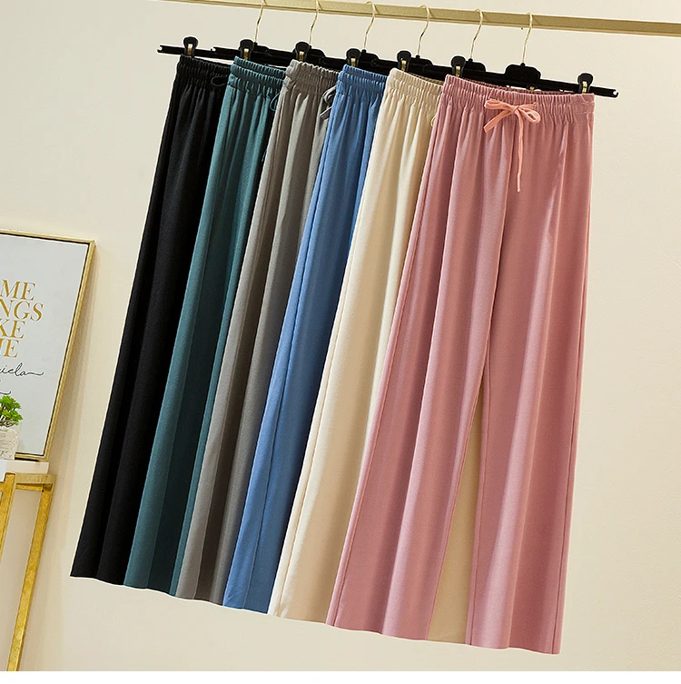 Slacks Women's Loose Summer Pants Soft Ice Silk Ankle-Length Black Wide Leg Pants Grey Khaki Women High Waisted Trousers 2026