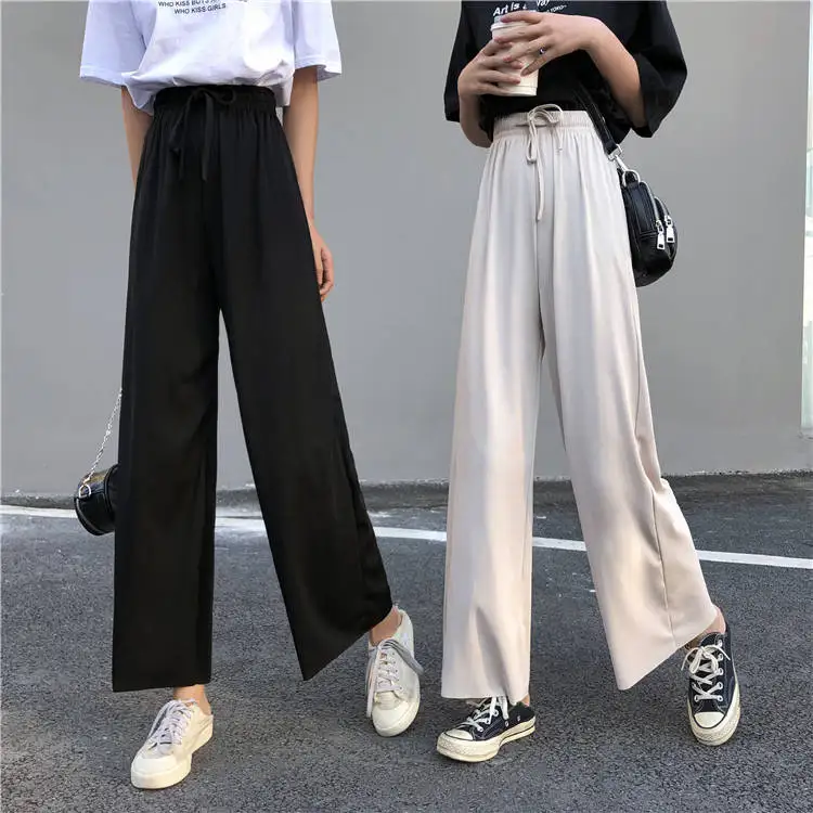Slacks Women's Loose Summer Pants Soft Ice Silk Ankle-Length Black Wide Leg Pants Grey Khaki Women High Waisted Trousers 2026