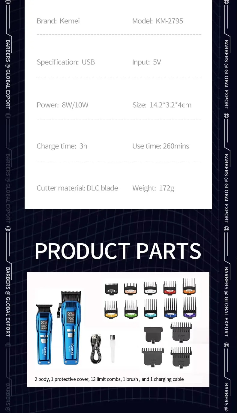 Kemei Trimmer KM-2797 Rechargeable Electric Hair Clippers Set LCD Shaver KM-1112 Dry And Wet Shaving Machine Cordless Kit