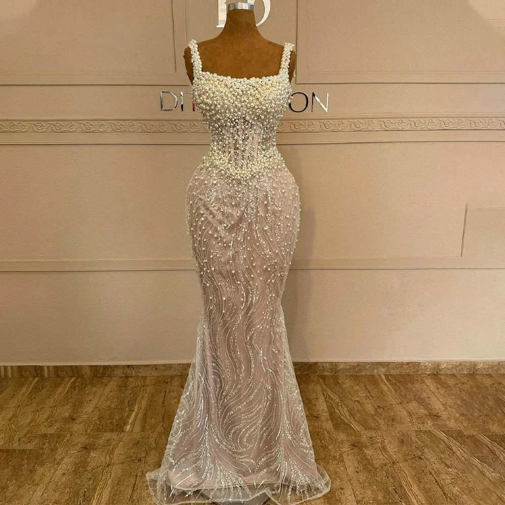 Customized Exquisite Prom Gowns High Quality Column Beading Pearls Gown Square Aristocratic Style Mermaid Evening Dresses Women