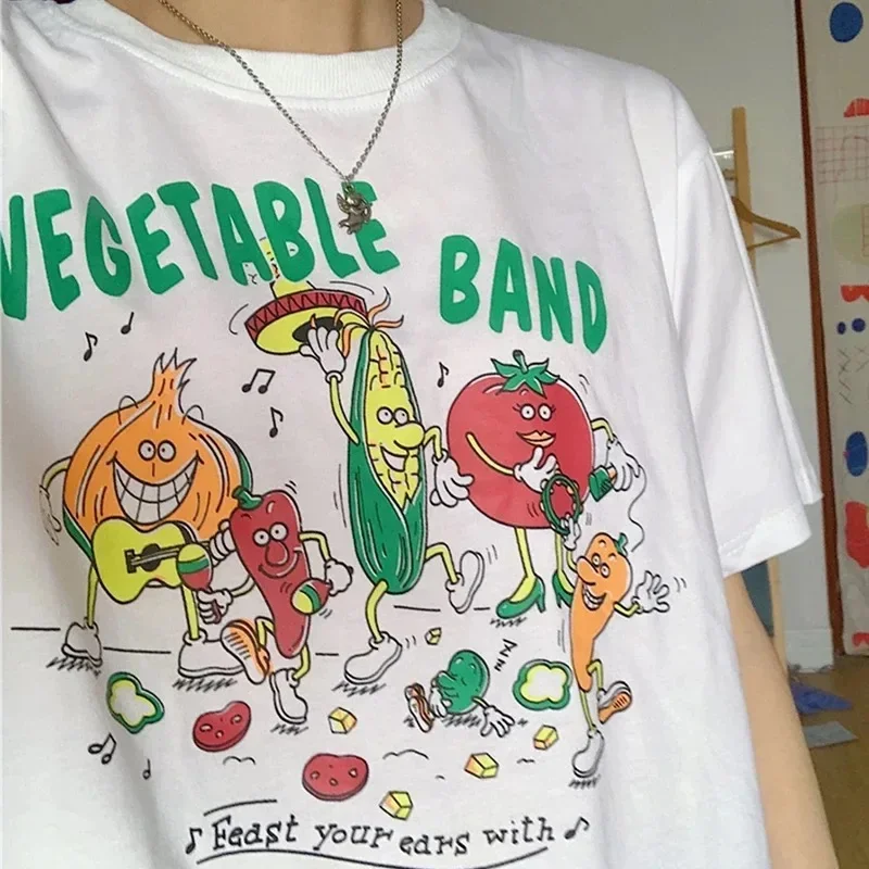 Vegetable Band Print Women T Shirt Harajuku Streetwear aesthetic Graphic Tee Cotton Short Sleeve Funny Female Tops Clothes