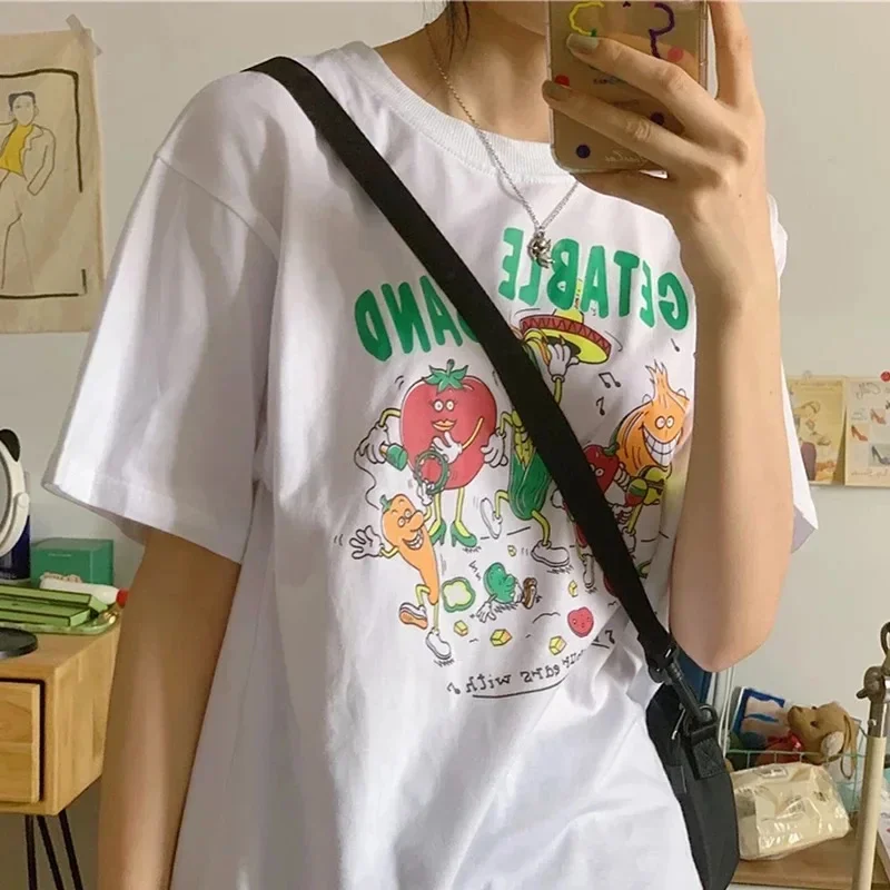 Vegetable Band Print Women T Shirt Harajuku Streetwear aesthetic Graphic Tee Cotton Short Sleeve Funny Female Tops Clothes