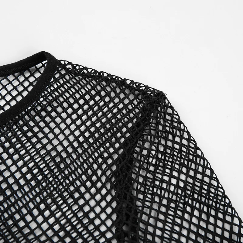 Sexy Black Hollow Out Mesh T-Shirt Female Skinny Crop Top 2024 New Fashion Summer Basic Tops For Women Fishnet Shirt