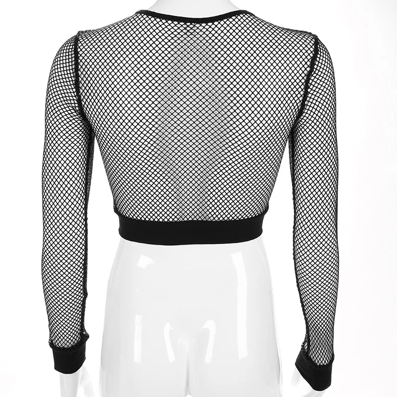 Sexy Black Hollow Out Mesh T-Shirt Female Skinny Crop Top 2024 New Fashion Summer Basic Tops For Women Fishnet Shirt