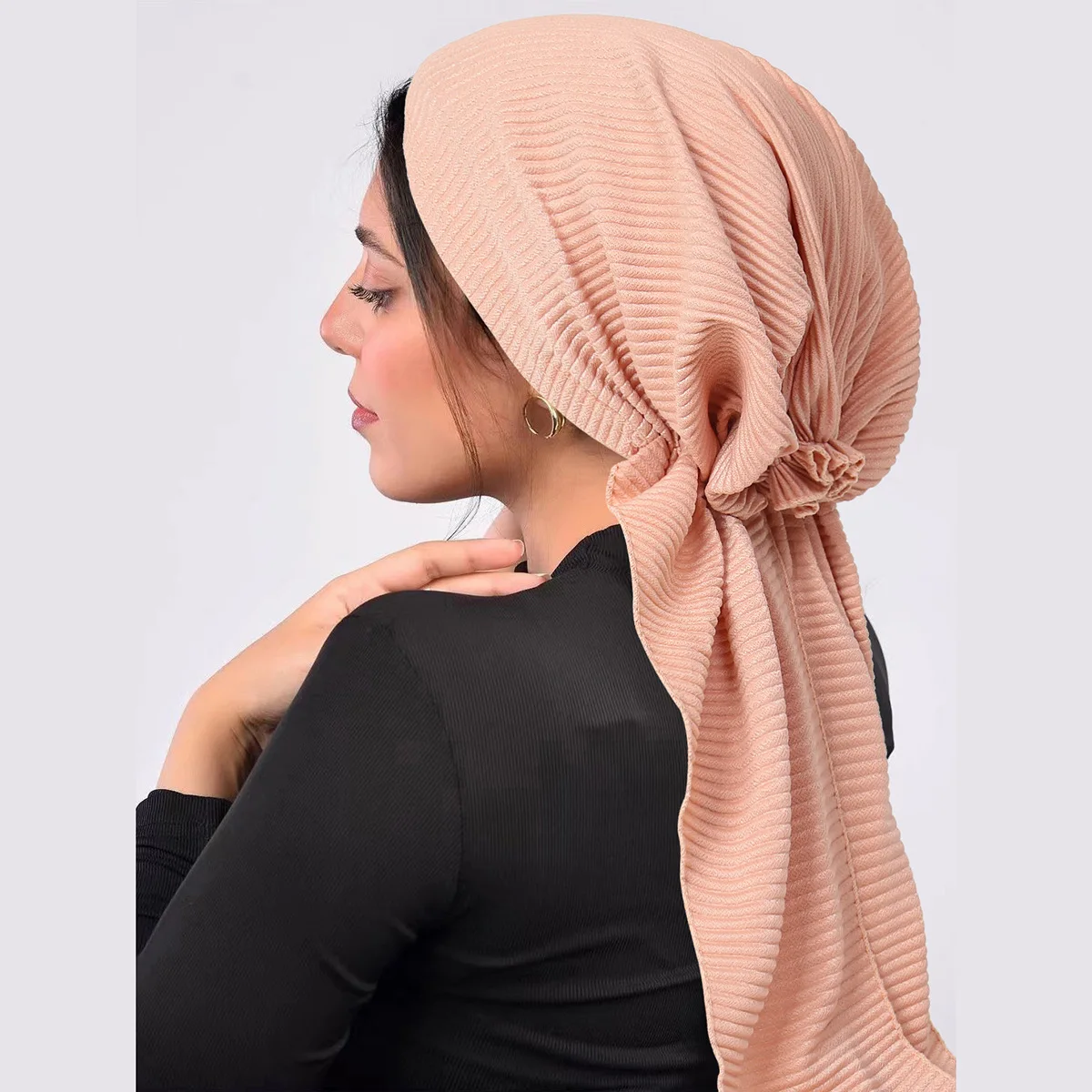 Ramadan Crinkle Muslim Hijab Caps Wrap Head Soft Elastic Long Tail Turban Bonnet Fashion Solid Color Headdress Wearable