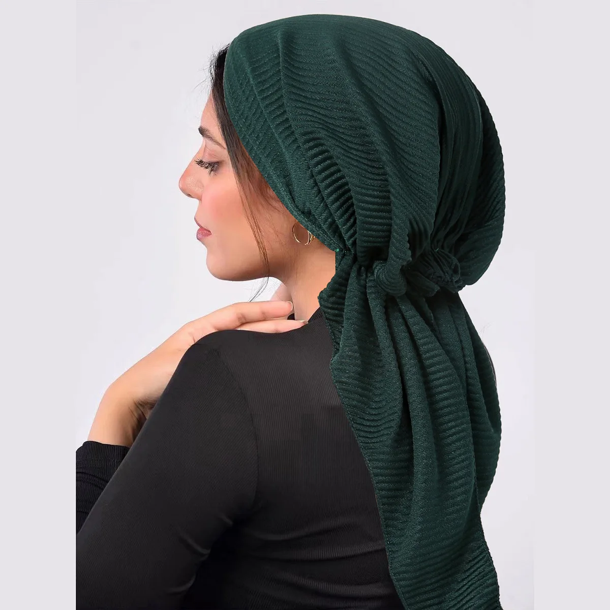 Ramadan Crinkle Muslim Hijab Caps Wrap Head Soft Elastic Long Tail Turban Bonnet Fashion Solid Color Headdress Wearable