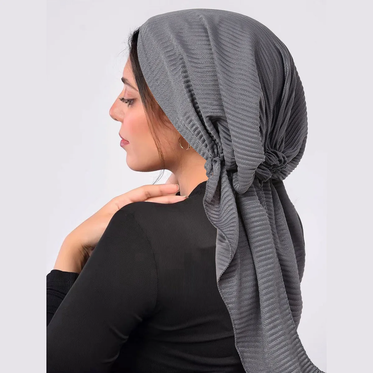 Ramadan Crinkle Muslim Hijab Caps Wrap Head Soft Elastic Long Tail Turban Bonnet Fashion Solid Color Headdress Wearable
