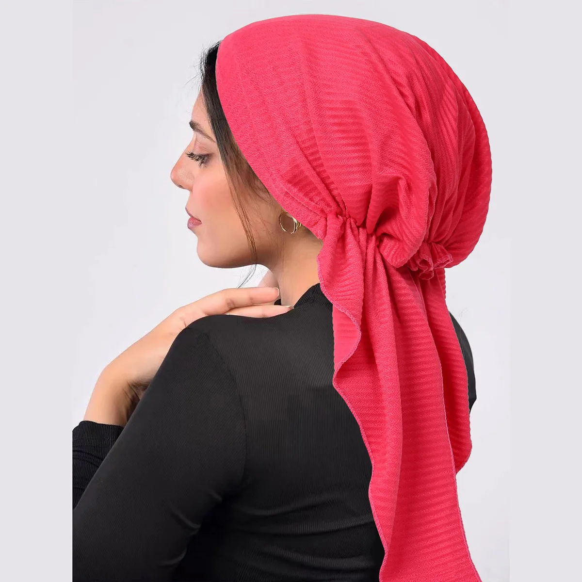 Ramadan Crinkle Muslim Hijab Caps Wrap Head Soft Elastic Long Tail Turban Bonnet Fashion Solid Color Headdress Wearable