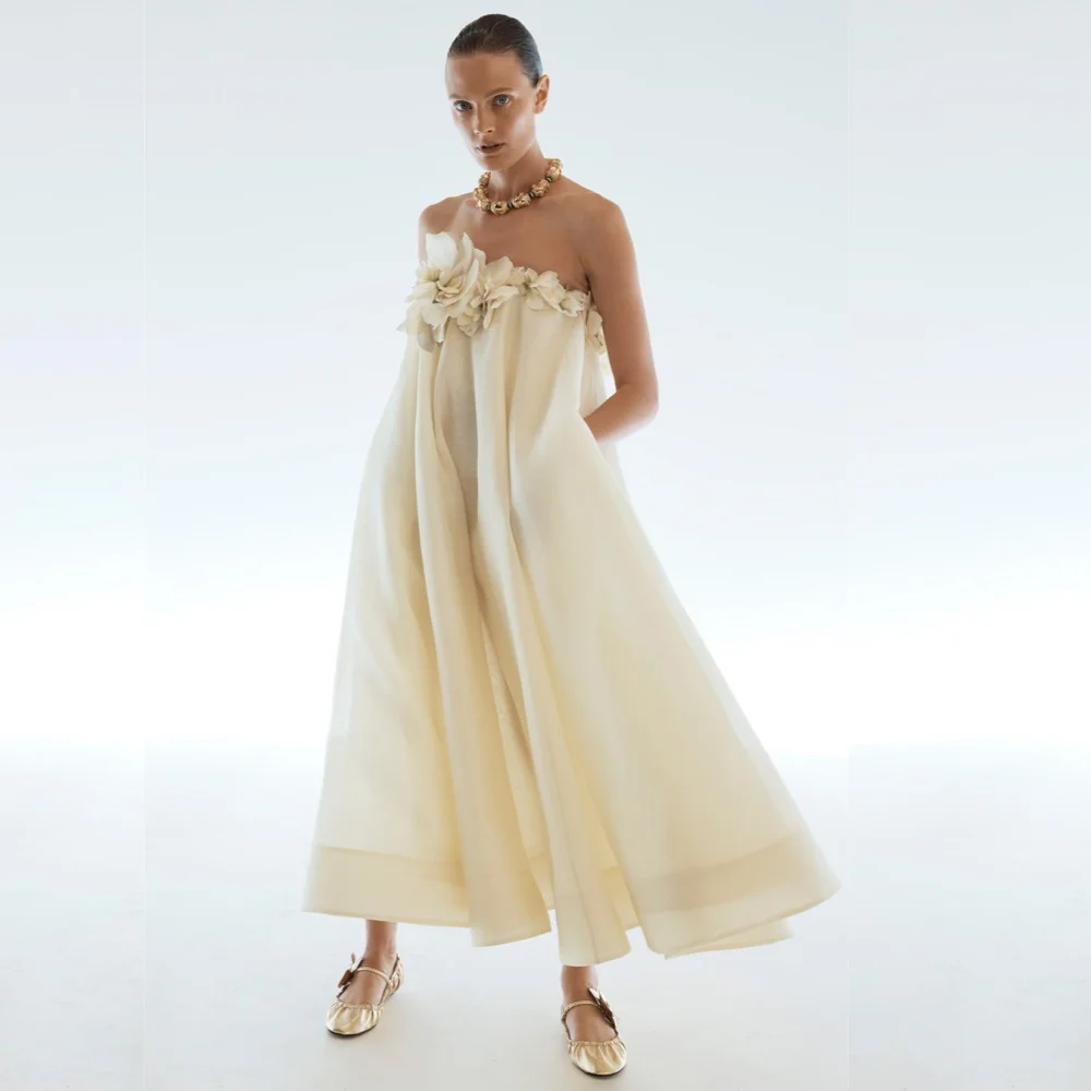 Customized Matching Chiffon Flower Straight Strapless Midi Dresses Prom Dresses Classic Exquisite Modern Style Pastrol Chinese