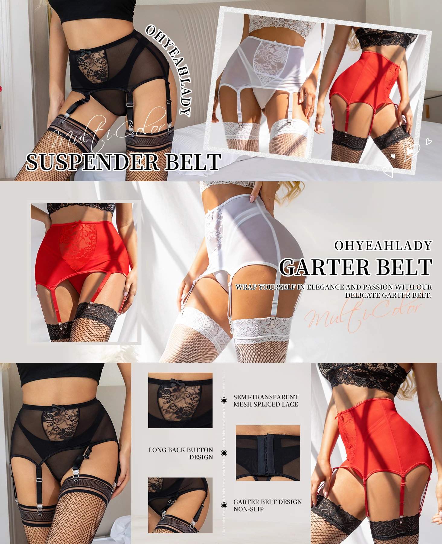 Comeondear Sexy Garter Black Suspenders With 6 Strong Strap Women's White Lace High Waist Belt For Stockings Plus Size Lingerie