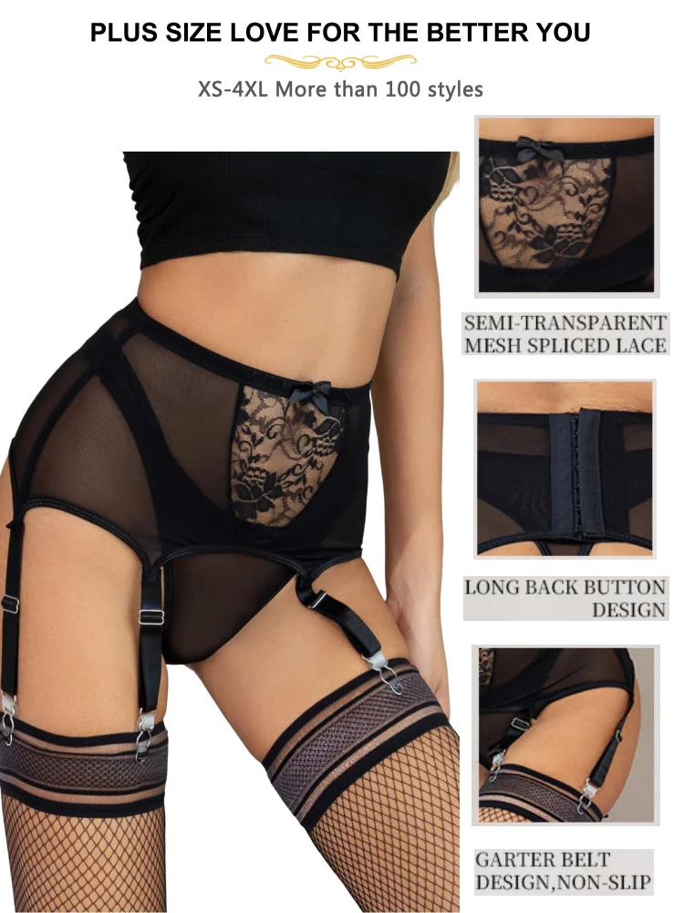 Comeondear Sexy Garter Black Suspenders With 6 Strong Strap Women's White Lace High Waist Belt For Stockings Plus Size Lingerie