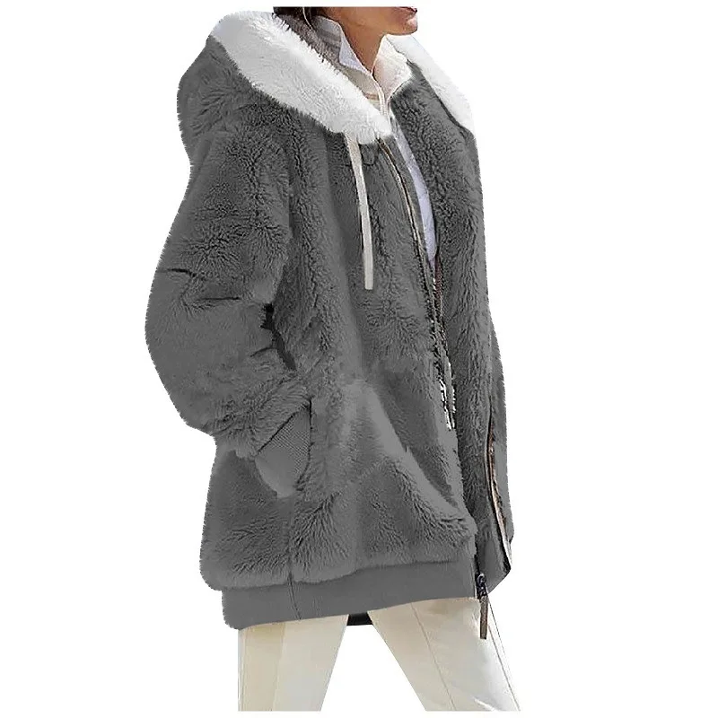 New Style Winter Fashion Women's Coat Casual Hooded Zipper Ladies Clothes Cashmere Women Fleece Jacket Solid Color Ladies Coats