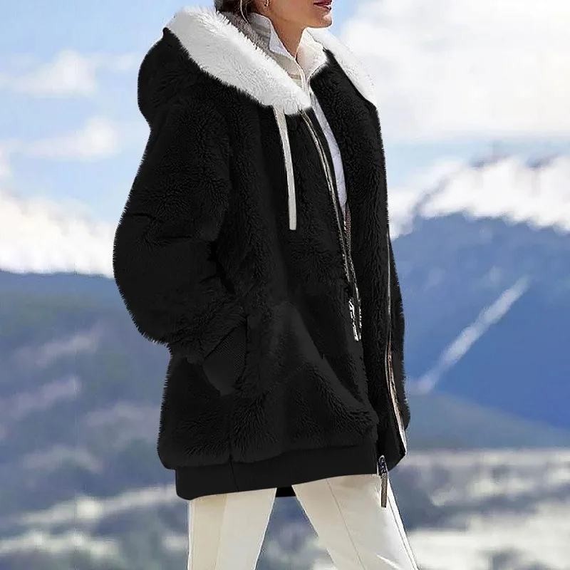 New Style Winter Fashion Women's Coat Casual Hooded Zipper Ladies Clothes Cashmere Women Fleece Jacket Solid Color Ladies Coats